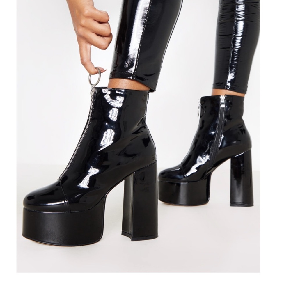 Black Patent Platform Zip Front Ankle Boot